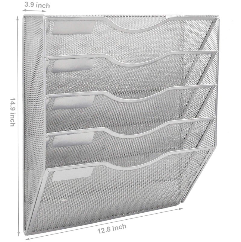 EASEPRES 5 Pocket Mesh Hanging Wall File Organizer, Wall Mounted Mail Paper Document Folder Holder, Clipboard Storage Organization Magazine Rack with Nametag Label for Office Home School, Silver - Image 2